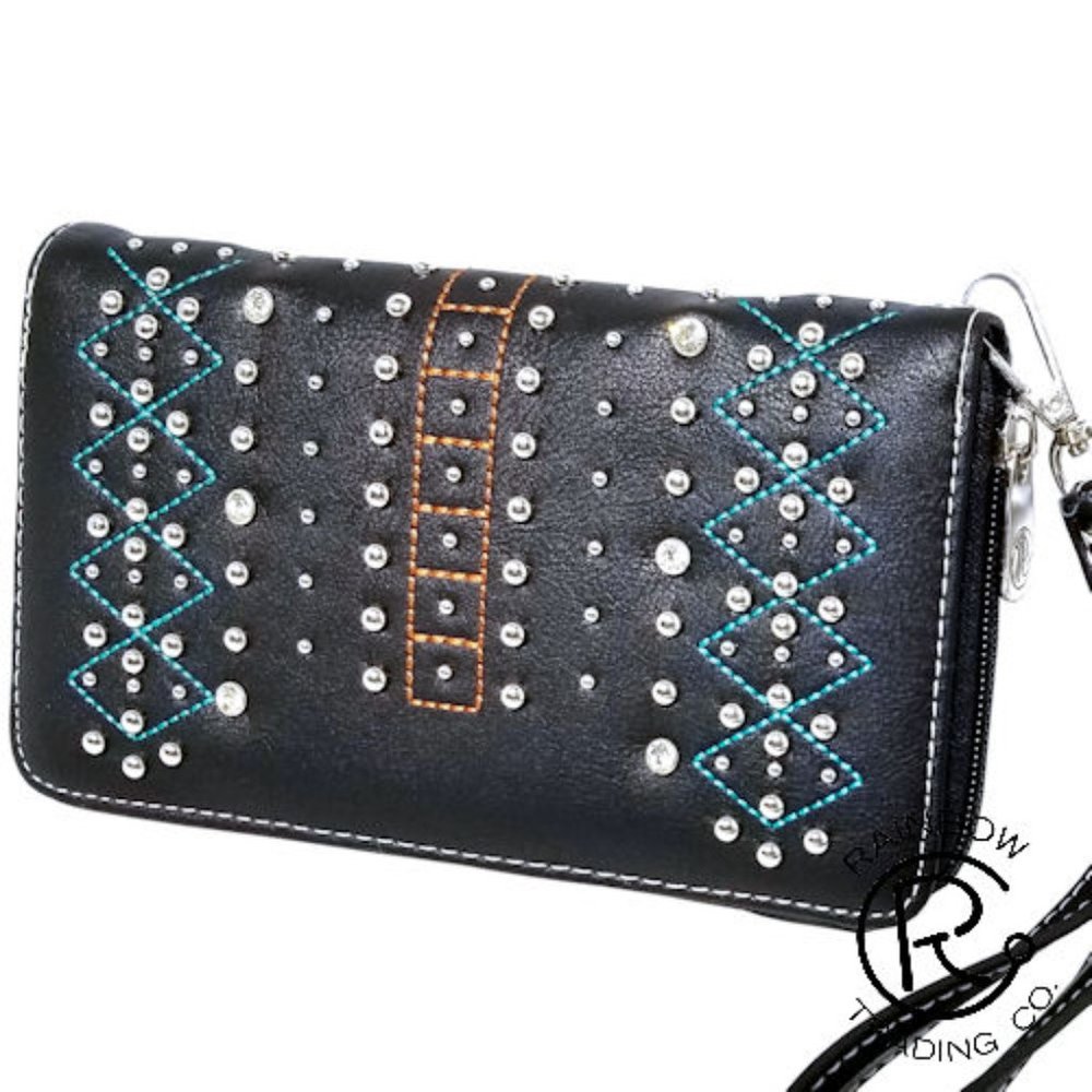 NWT Embroidered Rhinestone Faux Leather Wristlet